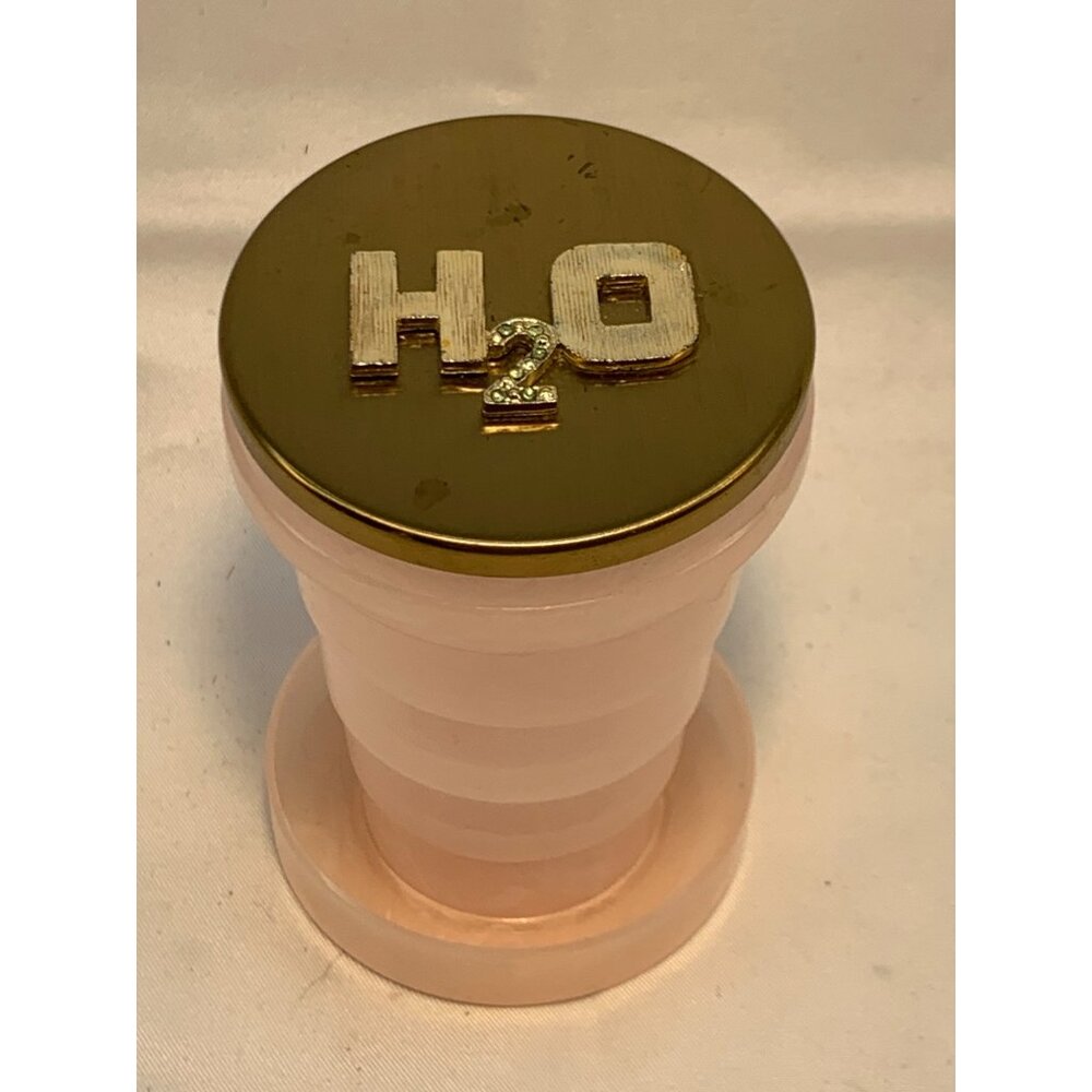 Vtg Pink Plastic Collapsible Folding Cup with Gold Tone H2O Metal Lid READ